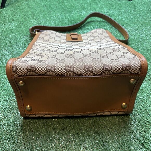 Gucci GG Monogram Shoulder Bag Vintage Brown Gold Canvas Leather Authentic - Picture 13 of 13
